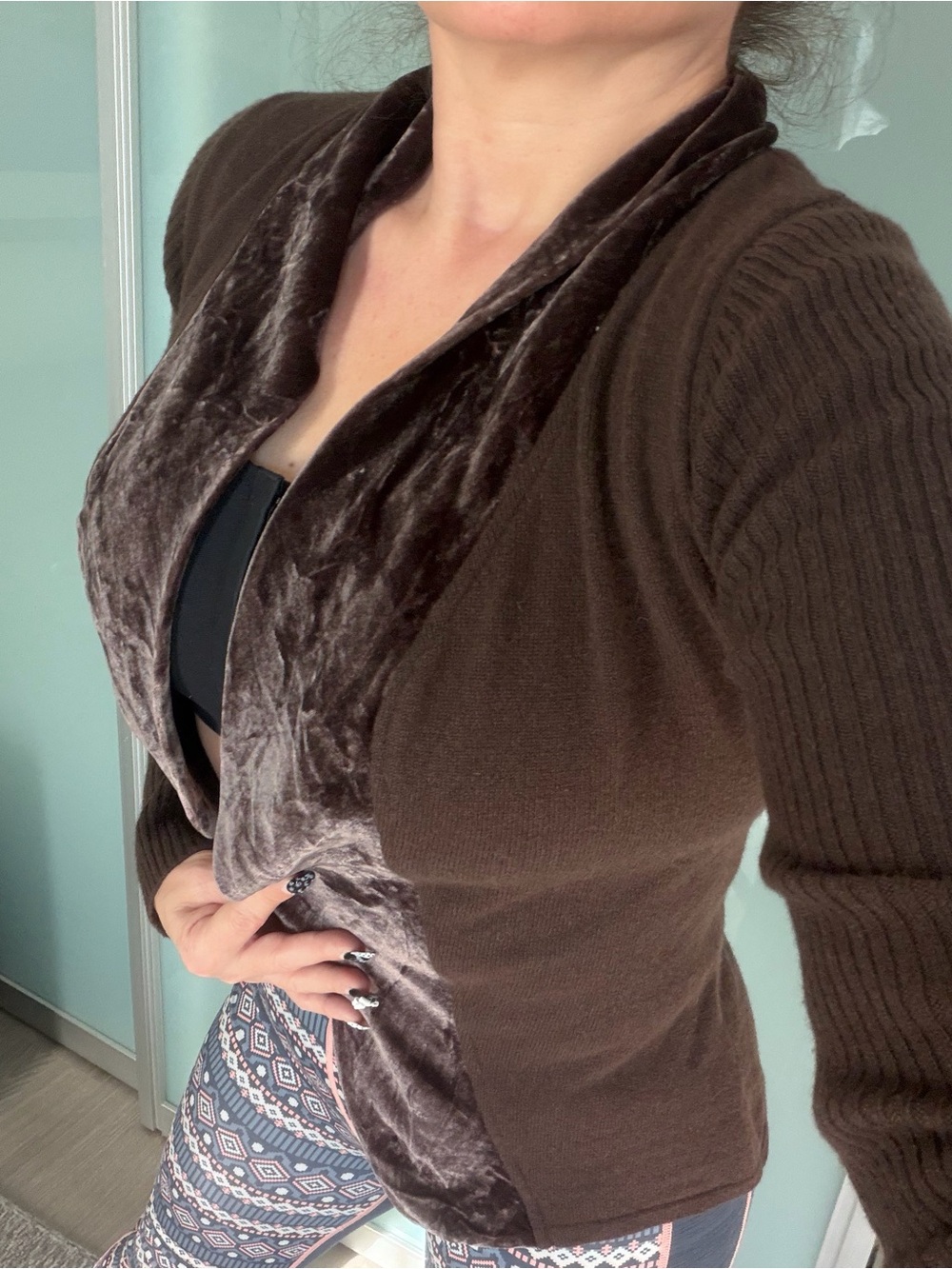Cashmere Central Park West Brown Velvet Trim Cardigan
